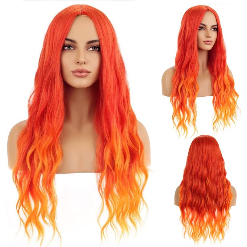 BERON Orange Wig Long Curly Flame Color Fire Wigs for Women Cosplay Party Hairnet Include