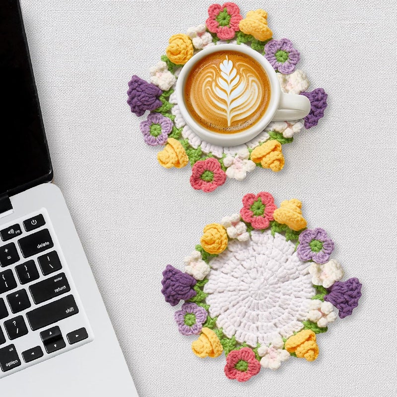Vane Oak Flower Crochet Coasters, Handmade Bouquet Blanket Coaster with Crochet Plant Pot Fun Soft Decorative Drink Coasters for Coffee Tabletop Protection and Home Decor (Multicolor, 1Pc) - Image 5