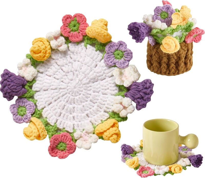 Vane Oak Flower Crochet Coasters, Handmade Bouquet Blanket Coaster with Crochet Plant Pot Fun Soft Decorative Drink Coasters for Coffee Tabletop Protection and Home Decor (Multicolor, 1Pc) - Image 1