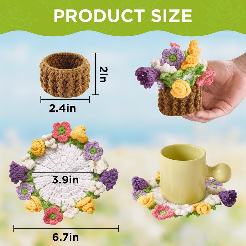 Vane Oak Flower Crochet Coasters, Handmade Bouquet Blanket Coaster with Crochet Plant Pot Fun Soft Decorative Drink Coasters for Coffee Tabletop Protection and Home Decor (Multicolor, 1Pc) - Image 2