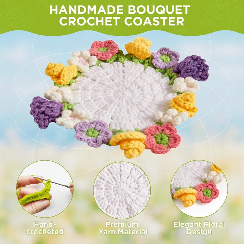 Vane Oak Flower Crochet Coasters, Handmade Bouquet Blanket Coaster with Crochet Plant Pot Fun Soft Decorative Drink Coasters for Coffee Tabletop Protection and Home Decor (Multicolor, 1Pc) - Image 4