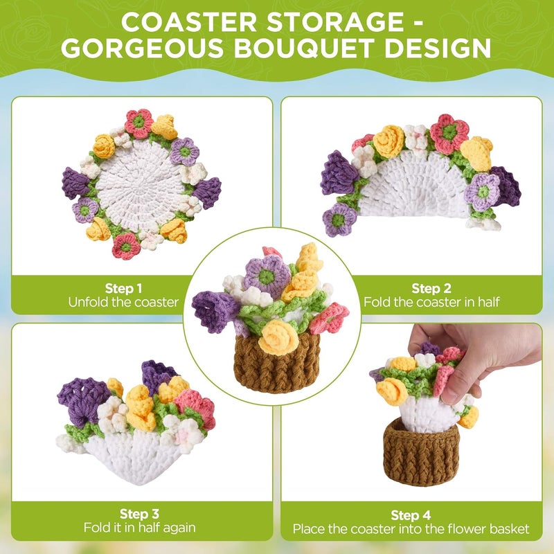 Vane Oak Flower Crochet Coasters, Handmade Bouquet Blanket Coaster with Crochet Plant Pot Fun Soft Decorative Drink Coasters for Coffee Tabletop Protection and Home Decor (Multicolor, 1Pc) - Image 3