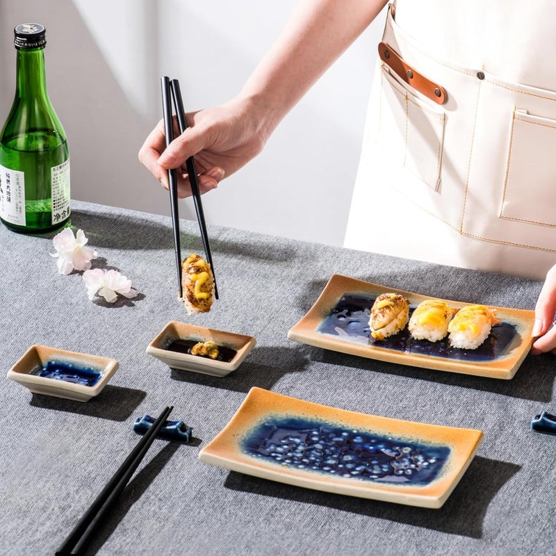 UNICASA Sushi Plate Set 8pcs 8inch Ceramic Sushi DishesJapanese Sushi Serving Set With Chopsticks and Holders - Image 4