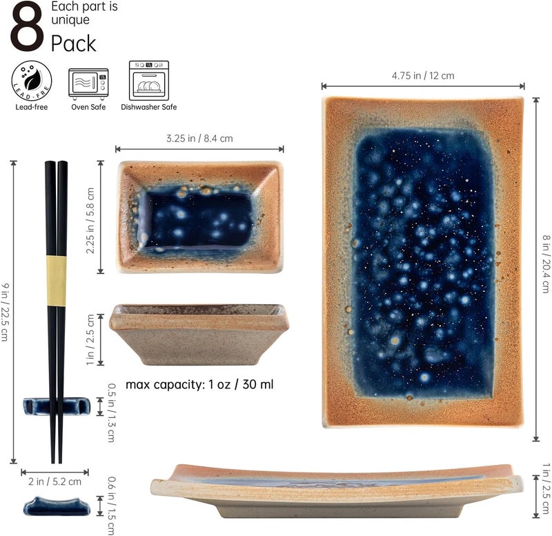 UNICASA Sushi Plate Set 8pcs 8inch Ceramic Sushi DishesJapanese Sushi Serving Set With Chopsticks and Holders - Image 2