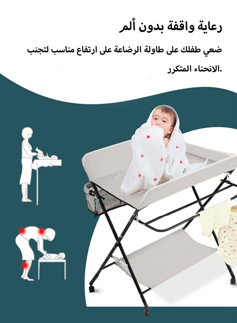 Portable Foldable Waterproof Baby Changing Table with Wheels Portable Nursery Organizer for Newborn Essentials Grey - Image 2