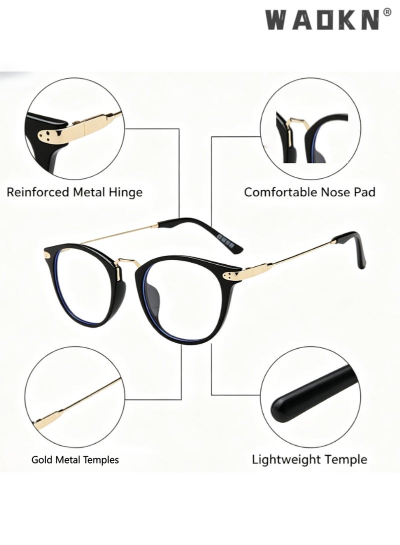 WAOKN Unisex Retro Round Eyeglasses，Black Gold Retro  Eyeglasses Frame, Versatile Face-slimming Retro Round Eyeglasses Frame，Metal + PC Lightweight Eyeglasses Frame for Men Women No-Makeup Wear, Prescription Friendly Plain Glasses Frame for Daily Decor - Image 3