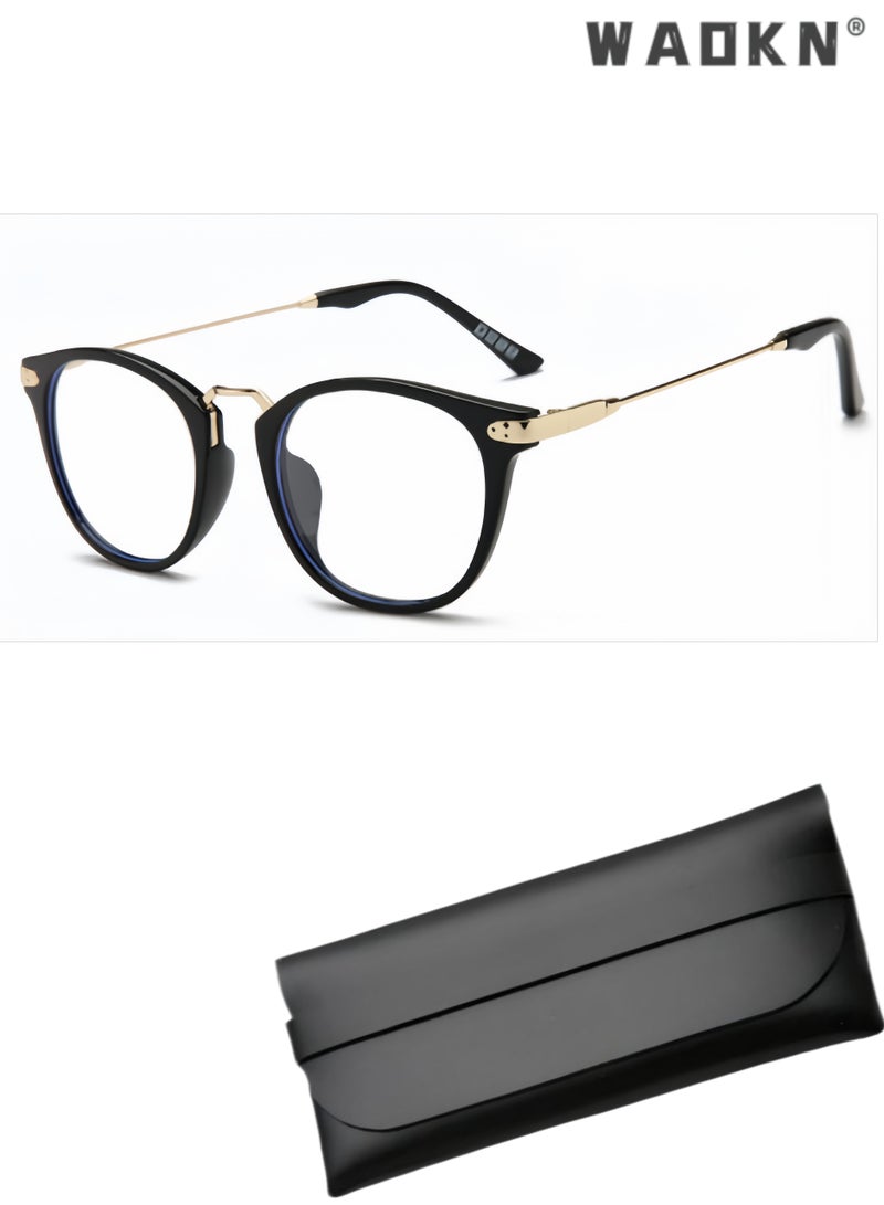 WAOKN Unisex Retro Round Eyeglasses，Black Gold Retro  Eyeglasses Frame, Versatile Face-slimming Retro Round Eyeglasses Frame，Metal + PC Lightweight Eyeglasses Frame for Men Women No-Makeup Wear, Prescription Friendly Plain Glasses Frame for Daily Decor - Image 1