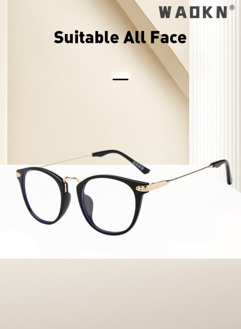 WAOKN Unisex Retro Round Eyeglasses，Black Gold Retro  Eyeglasses Frame, Versatile Face-slimming Retro Round Eyeglasses Frame，Metal + PC Lightweight Eyeglasses Frame for Men Women No-Makeup Wear, Prescription Friendly Plain Glasses Frame for Daily Decor - Image 4