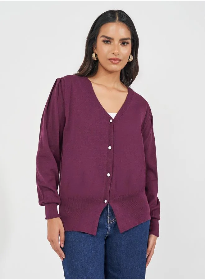 Styli Regular Fit Buttoned Cardigan with Volume Sleeves