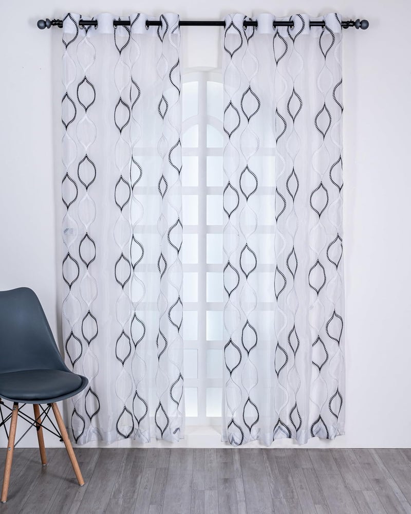 Parda Online 9Ft Black and White Sheer Tissue with Embroidery Drop Design Eyelet Window Curtain - Pack of 2 - Image 2