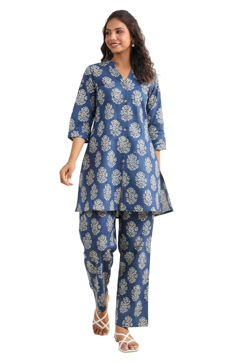 Janasya Women's Indigo Pure Cotton Batik Printed Straight Co-ord Set (JAC24CD01432) - Image 1