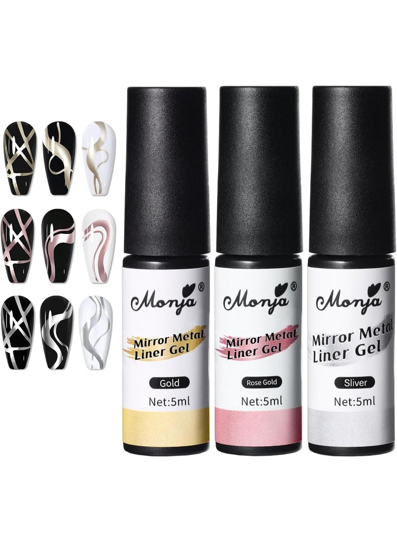 Monja 3 Pcs Metallic Gel Nail Polish Set, Chrome Nail Polish, Glitter Rose Silver Gold Gel Nail, Comes with a Fine Brush Head, for French Manicure Nail Art Paint - Image 1