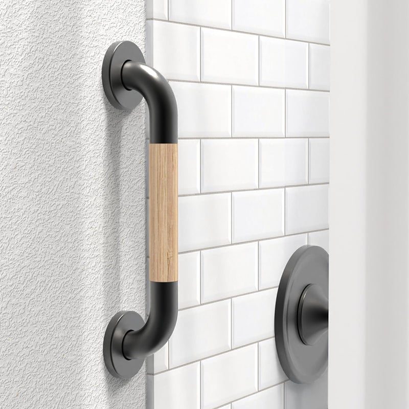 AquaChase Safety Grab Bar for Bathroom Toilet Natural Bamboo Handle ADA Compliant Balance Assist Handrail for Handicap and Seniors 12in Matte Black - Image 2