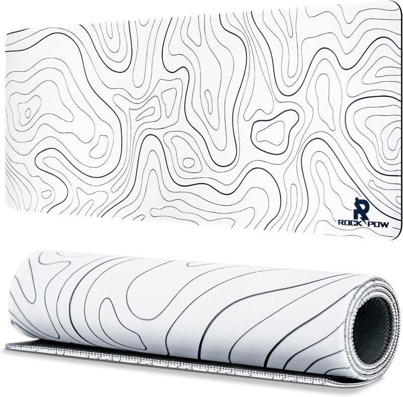 روك بو لوحة ماوس ألعاب كبيرة بسطح مضاد للانزلاق، 400 × 900 × 4 مم، قاعدة مطاطية سميكة مع حواف مخيطة مصممة للفأرة ولوحة المفاتيح، مناسبة للألعاب في المنزل والمكتب، باللون الأبيض - Image 1