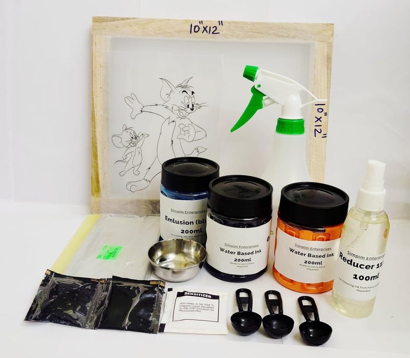 Simpim Screen Printing Kit for Fabricwith 200ml Water Based Ink200l emlusion6 squzeeWater sparyerdecoding Powdersenstizer sechet10x12 Wooden mesh  - Image 1