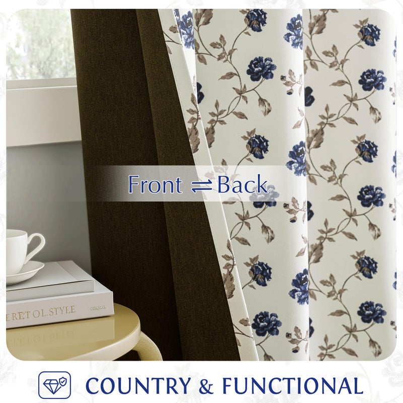 Beauoop Floral 100% Blackout Curtains 63 Inches Long 2 Panels for Bedroom Living Room Blue Brown on Beige Vintage Rose Flower Patterned Room Darkening Thermal Soundproof Grommet Window Drapes, 52X63 - Image 3