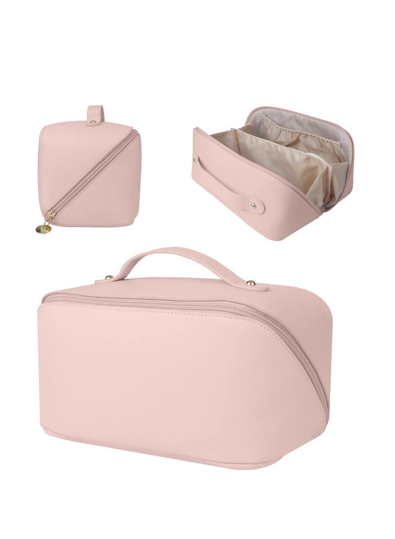 MIXDE Large-Capacity Travel Cosmetic Bag | Leather Makeup Bag | Waterproof Portable Cosmetic Bag | Multifunctional Storage Makeup Bag | Travel Cosmetic Bag (Pink)  - Image 1