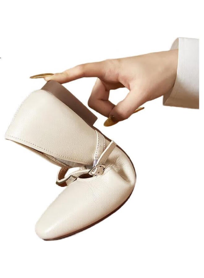 YEARCON Women'S Shoes Mary Jane Retro Small Leather Shoes Flat French Single Shoes 27146W Beige Size 36 - Image 2