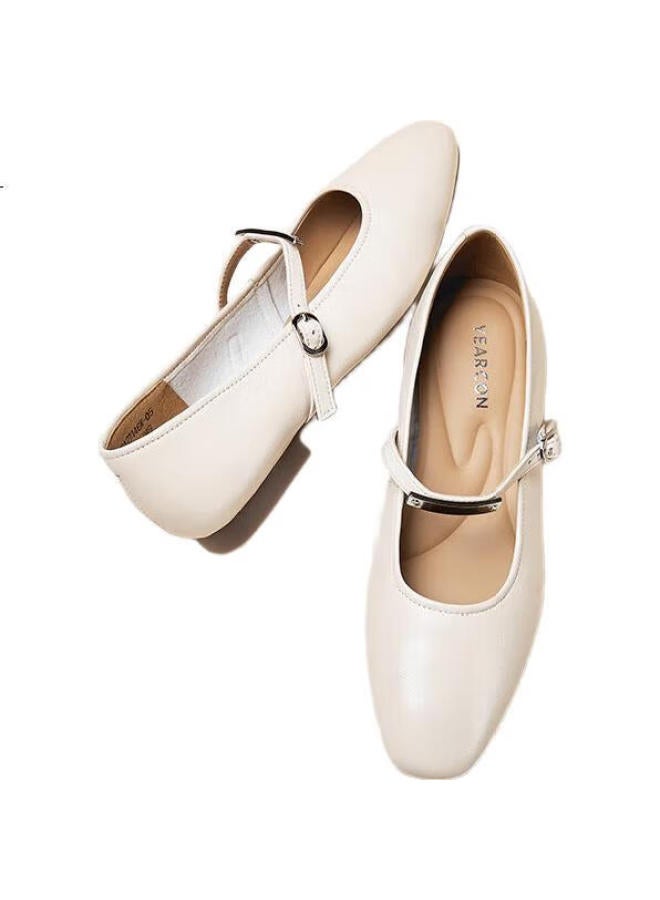 YEARCON Women'S Shoes Mary Jane Retro Small Leather Shoes Flat French Single Shoes 27146W Beige Size 36 - Image 1
