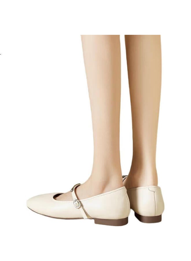 YEARCON Women'S Shoes Mary Jane Retro Small Leather Shoes Flat French Single Shoes 27146W Beige Size 36 - Image 3