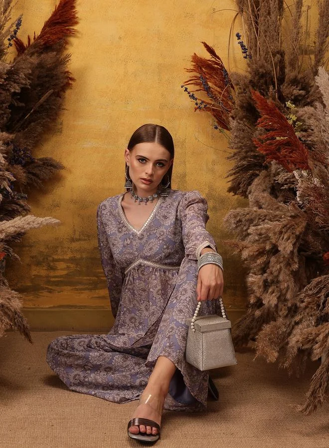 STREET 9 مجموعة كورتا بالازو مطرزة بالزهور الأرجوانية من ستريت