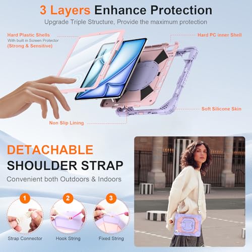 Auorld Case for iPad Air 13 Inch Case M4 2026/M3 2025/ M2 2024, Auorld for iPad Air 13 Inch Case M4 2026 Case with Screen Protector, 360 Degree Rotating Stand Shoulder Strap Pencil Holder, Purple Pink - Image 3