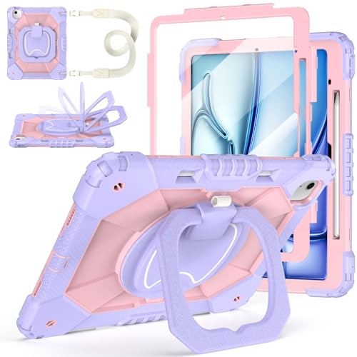 Auorld Case for iPad Air 13 Inch Case M4 2026/M3 2025/ M2 2024, Auorld for iPad Air 13 Inch Case M4 2026 Case with Screen Protector, 360 Degree Rotating Stand Shoulder Strap Pencil Holder, Purple Pink