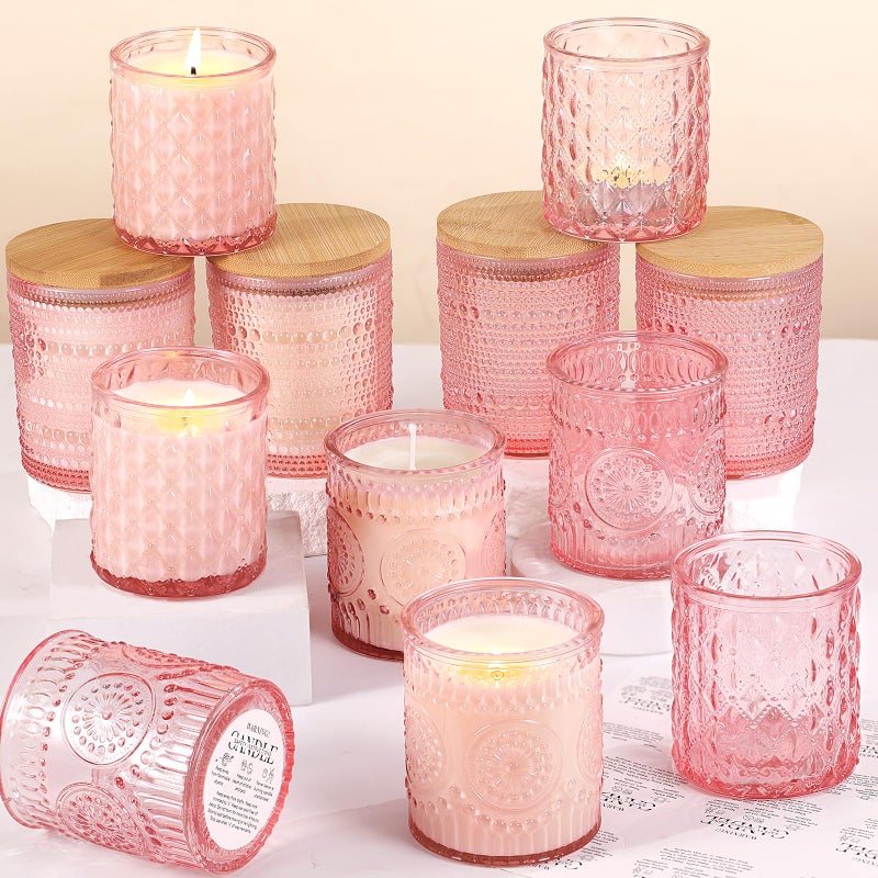 DARJEN 12 Pack Pink Candle Jars for Making Candles- 3 Styles Glass Candle Making Jars Bulk with Bamboo Lids and Labels, Candle Making Supplies Candle Vessels for DIY Gifts - Image 1