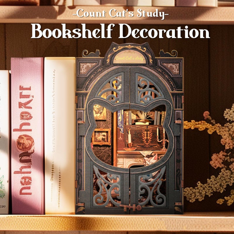 Cutefun Book Nook Kit-Dollhouse Book Nook Miniature Kit For Bookshelf Insert Decor Crafts For Adults 3D Wooden Puzzle Bookends Halloween For Family And Friends(Count Cat'S Study) - Image 2