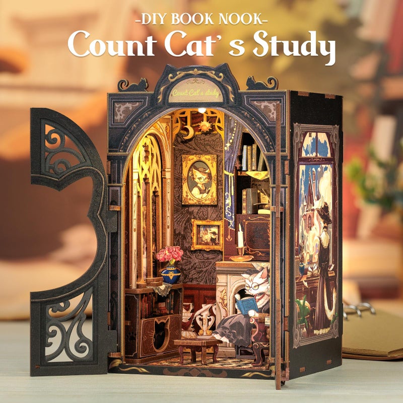 Cutefun Book Nook Kit-Dollhouse Book Nook Miniature Kit For Bookshelf Insert Decor Crafts For Adults 3D Wooden Puzzle Bookends Halloween For Family And Friends(Count Cat'S Study) - Image 5