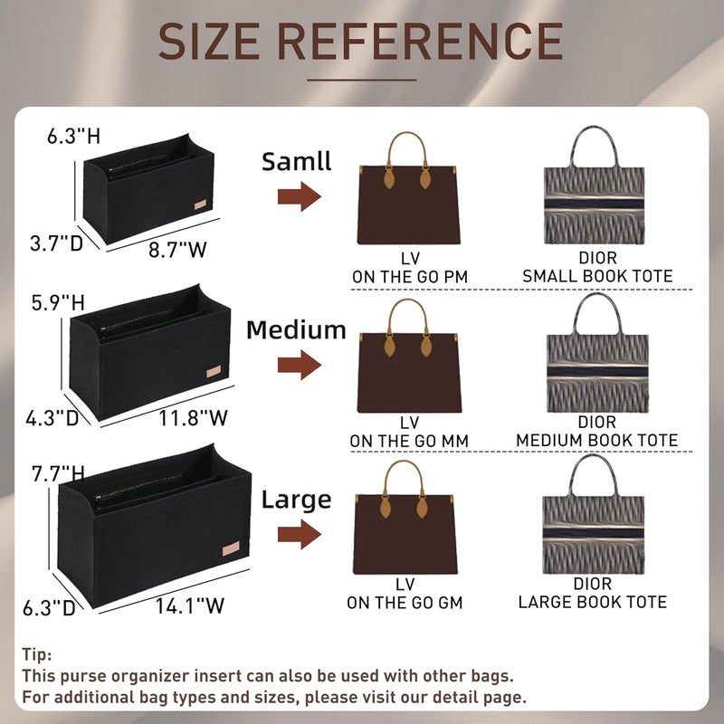 Doxo Purse Organizer Insert, Felt Bag Organizer Insert with Zipper, Perfect for Lv Onthego GM 40 & D Book Tote Large (Black-With Cover, XL) - Image 2