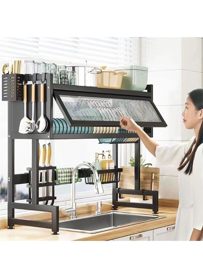 Heavy Duty Over The Sink Dish Rack, 3 Tier Metal Dish Drying Stander Plate Rack with Dust Cabinet, Large Kitchen Utensils Holder Dish Organizer with Anti-Slip Feet, Space Saver (Black)  - Image 1