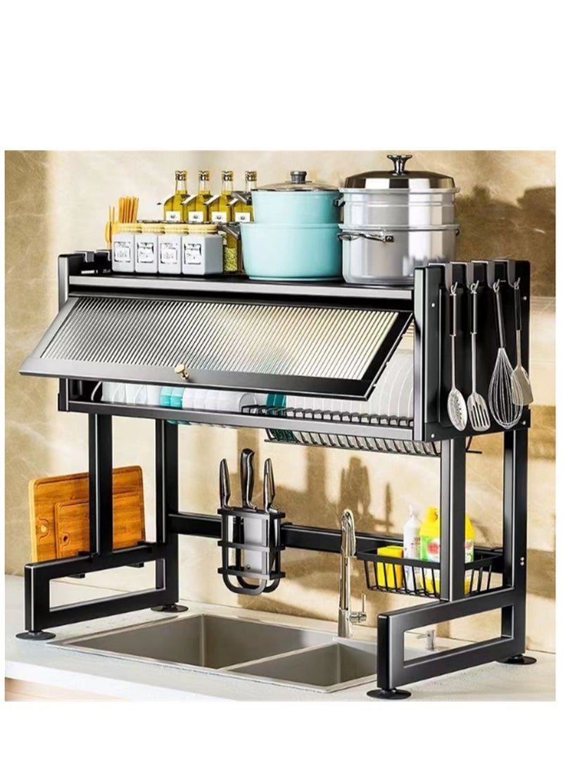 Heavy Duty Over The Sink Dish Rack, 3 Tier Metal Dish Drying Stander Plate Rack with Dust Cabinet, Large Kitchen Utensils Holder Dish Organizer with Anti-Slip Feet, Space Saver (Black)  - Image 2