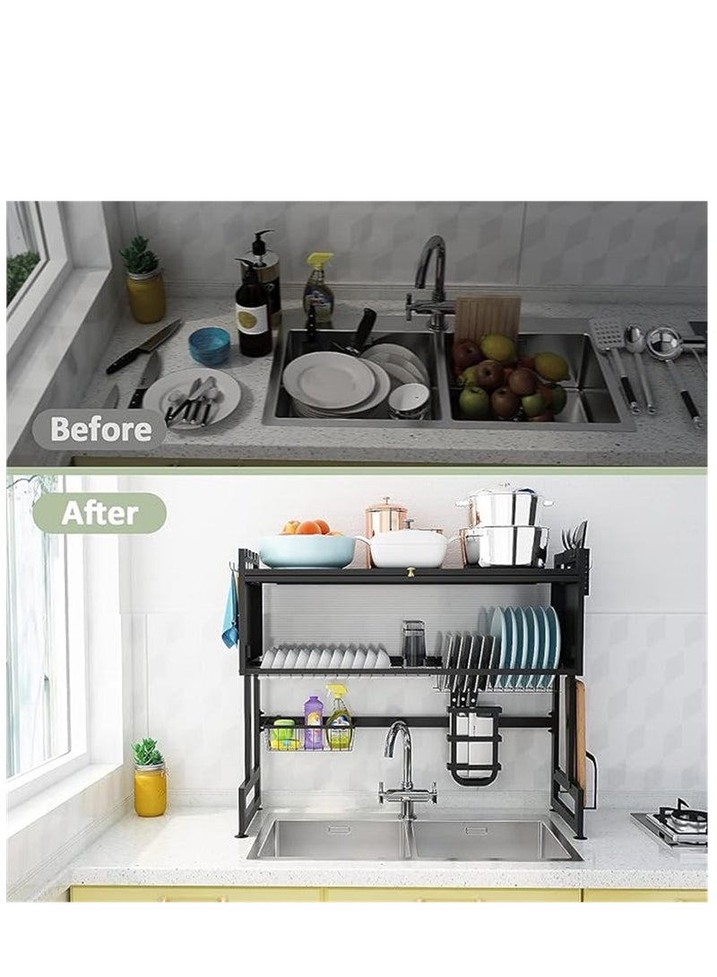 Heavy Duty Over The Sink Dish Rack, 3 Tier Metal Dish Drying Stander Plate Rack with Dust Cabinet, Large Kitchen Utensils Holder Dish Organizer with Anti-Slip Feet, Space Saver (Black)  - Image 3