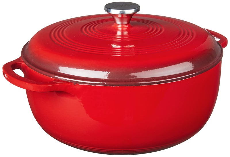 Lodge 7.5 Quart Enameled Cast Iron Dutch Oven with Lid â€“ Dual Handles â€“ Oven Safe up to 500Â° F or on Stovetop - Use to Marinate, Cook, Bake, Refrigerate and Serve â€“ Island Spice Red - Image 1