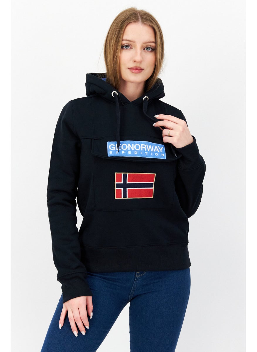 GEOGRAPHICAL NORWAY - Women Hooded Long Sleeve Embroiered Logo Sweatshirt, Navy - Image 1