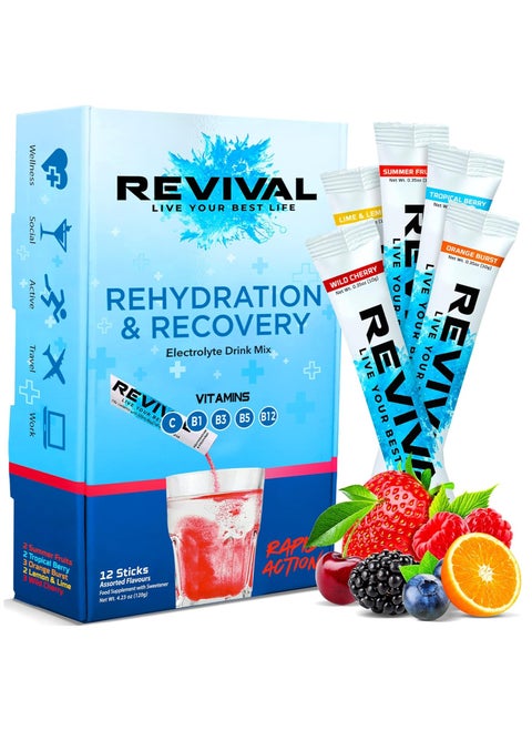 Revival Rapid Rehydration Electrolytes Powder - High Strength Vitamin C, B1, B3, B5, B12 Supplement Sachet Drink, Effervescent Electrolyte Hydration (Assorted Flavor, 12 Count (Pack of 1))