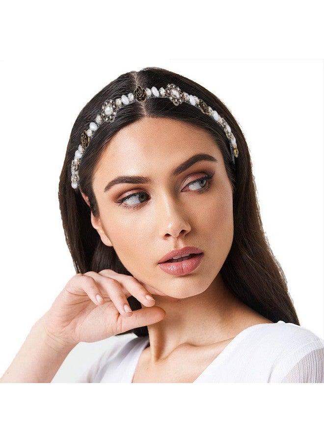Urieo Vintage Crystal Diamonds Headbands Retro Pearl Flower Thin Hair Band Prom Hair Accessories For Women（Retro Silver） (Bpearl) - Image 1