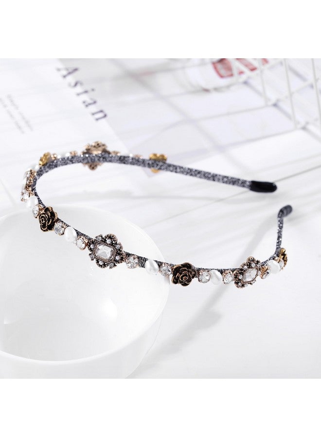 Urieo Vintage Crystal Diamonds Headbands Retro Pearl Flower Thin Hair Band Prom Hair Accessories For Women（Retro Silver） (Bpearl) - Image 4