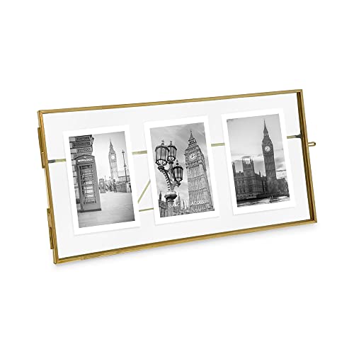 إطار صور عائم ثلاثي من زجاج ومعدن بتصميم عتيق من آيزاك جاكوبس مع إغلاق قلادة يناسب 3 صور بحجم 2x3 للصور والفن والمزيد من العرض على الطاولة باللون الذهبي العتيق