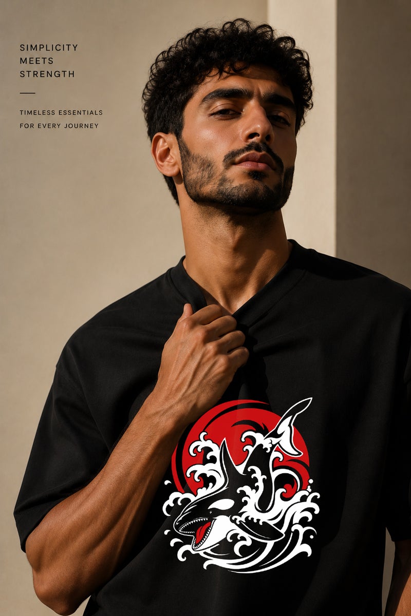 Men's Oversized Black Orca Wave Graphic T-Shirt Casual Short Sleeve Crew Neck Streetwear Tee - Image 5