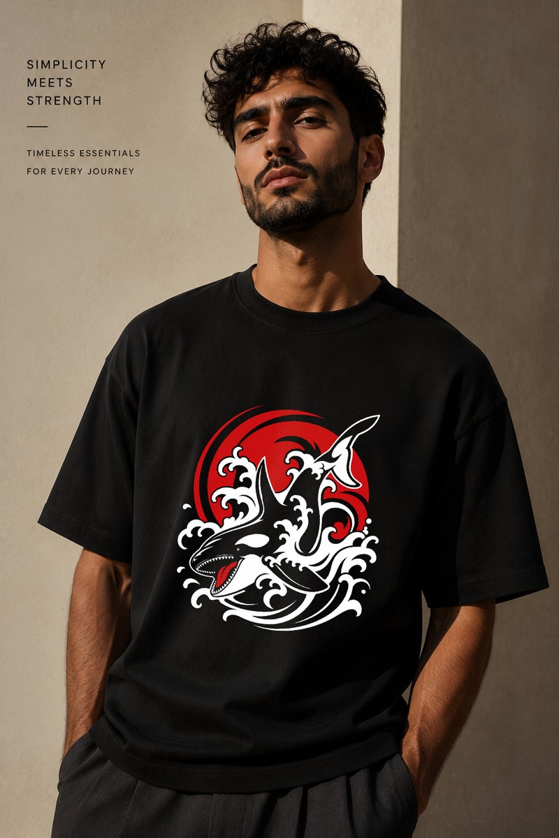 Men's Oversized Black Orca Wave Graphic T-Shirt Casual Short Sleeve Crew Neck Streetwear Tee - Image 1