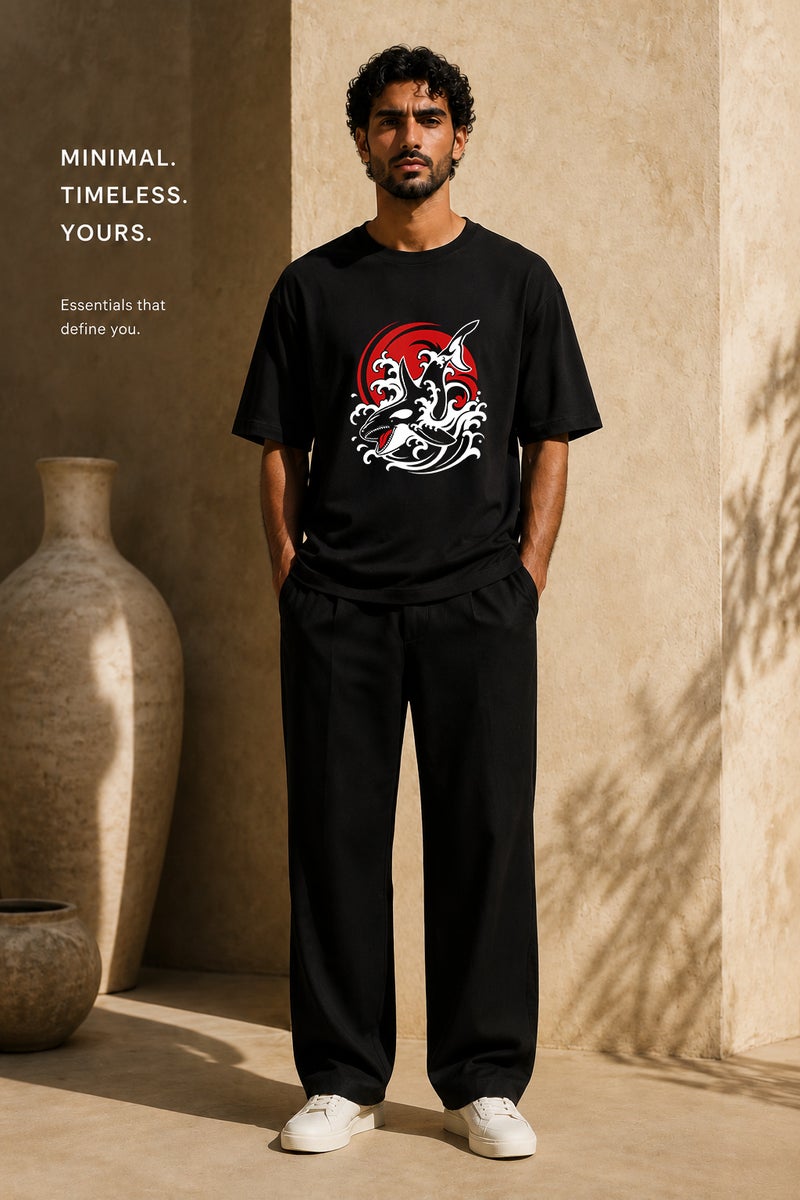 Men's Oversized Black Orca Wave Graphic T-Shirt Casual Short Sleeve Crew Neck Streetwear Tee - Image 2