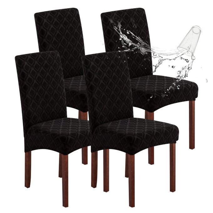 WATERPROOF CHAIR COVERS FOR DINING ROOM STRETCH JACQUARD DINING CHAIR SLIPCOVERS REMOVABLE WASHABLE CHAIR PROTECTOR FOR KITCHEN HOTEL RESTAURANT JACQUARDBLACK 4 PCS