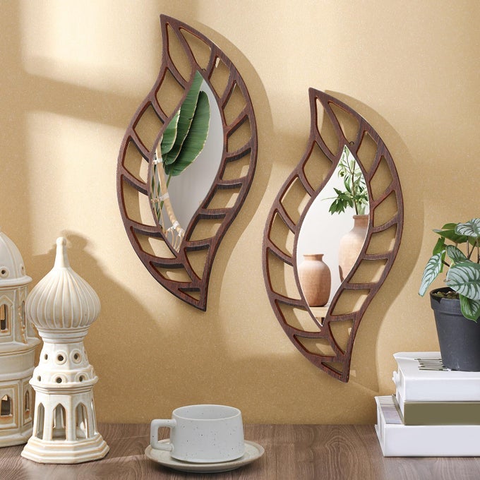 2 PCS DECORATIVE MIRROR WALL DECOR LEAF TEARDROP MIRROR WALL MOUNTED DECORATIONS FOR LIVING ROOM BEDROOM BATHROOM VANITY ENTRYWAY OFFICEBROWN
