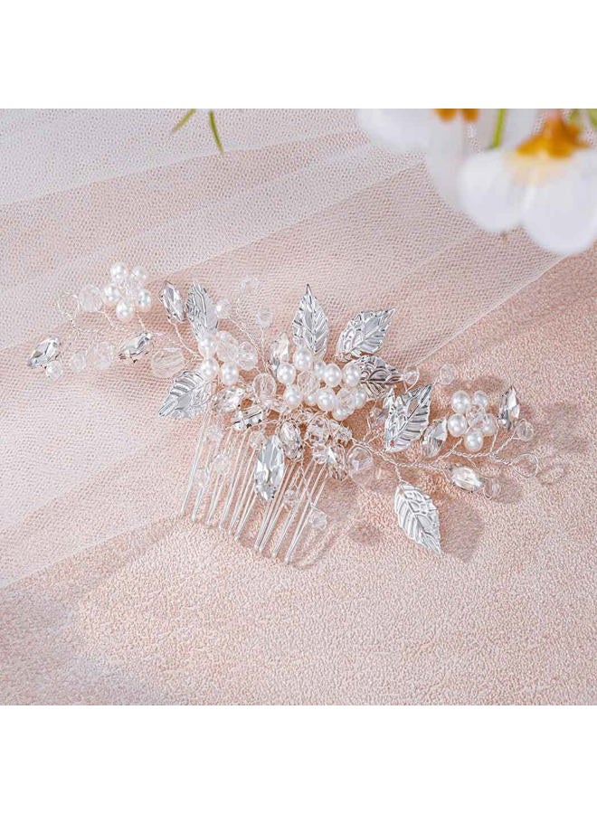 Foyte Crystal Leaf Hair Comb Wedding Headpiece Silver Rhinestone Hair Piece Bride Pearl Hair Accessories for Women and Girls - Image 2