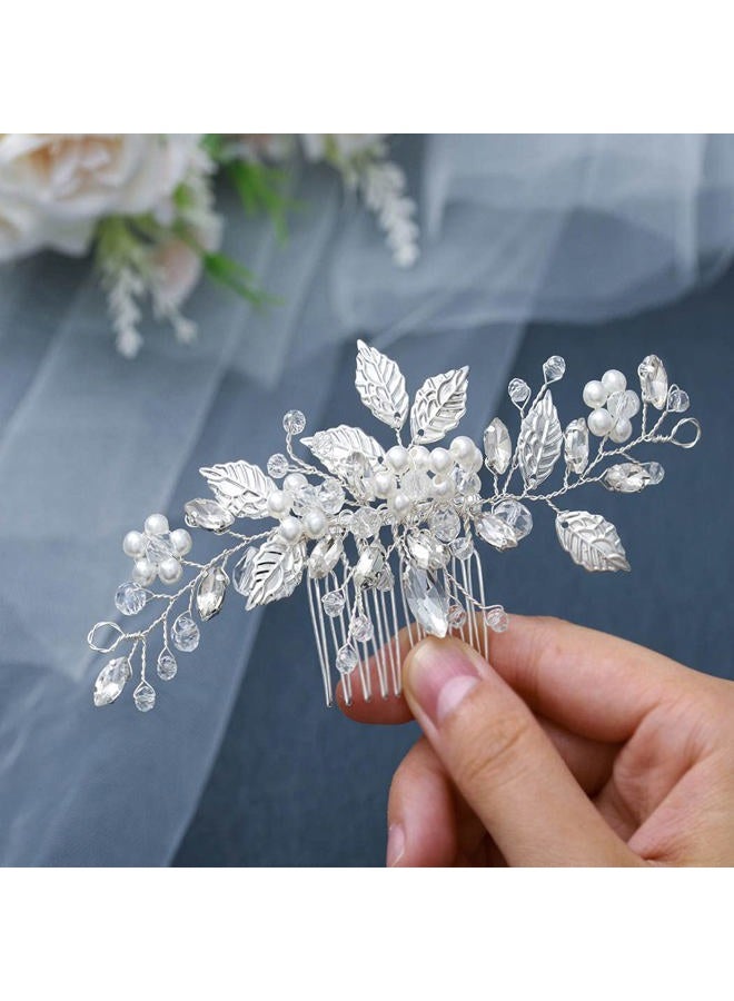 Foyte Crystal Leaf Hair Comb Wedding Headpiece Silver Rhinestone Hair Piece Bride Pearl Hair Accessories for Women and Girls - Image 1