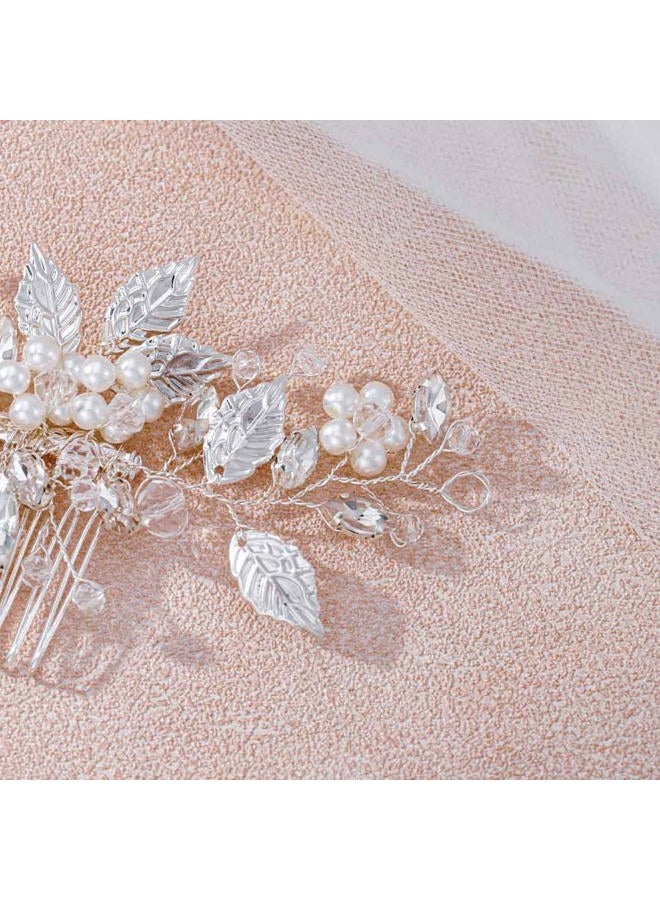 Foyte Crystal Leaf Hair Comb Wedding Headpiece Silver Rhinestone Hair Piece Bride Pearl Hair Accessories for Women and Girls - Image 5