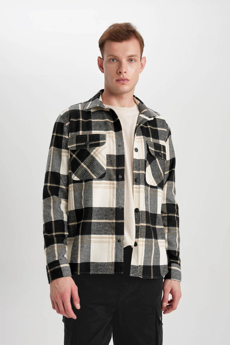 DeFacto Beige Man Relax Fit Checkered Cotton Long Sleeve Shirt Casual - Image 3