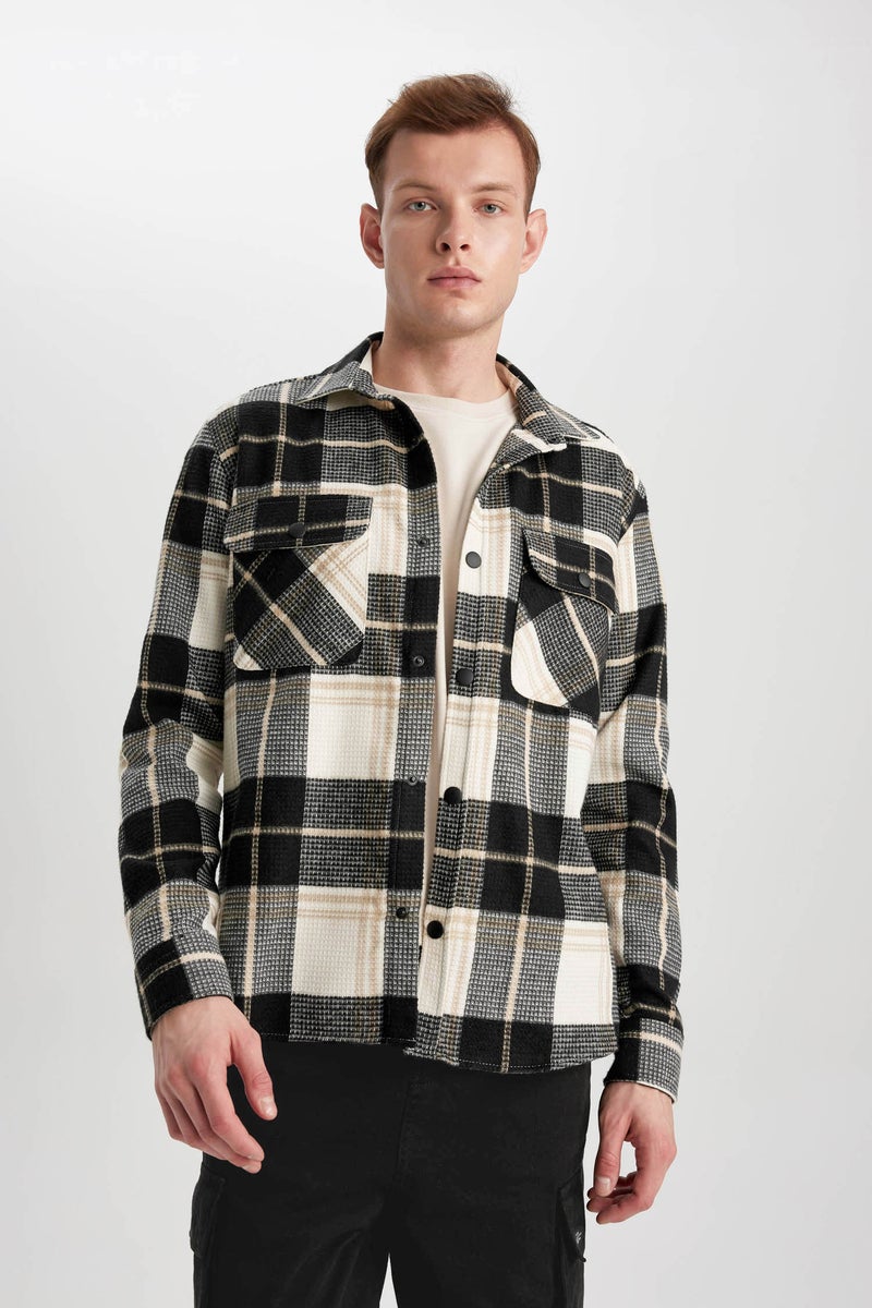 DeFacto Beige Man Relax Fit Checkered Cotton Long Sleeve Shirt Casual - Image 4